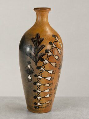 VTG African Tribal Pottery Vase Hand Painted Dancing Figures and Drum players